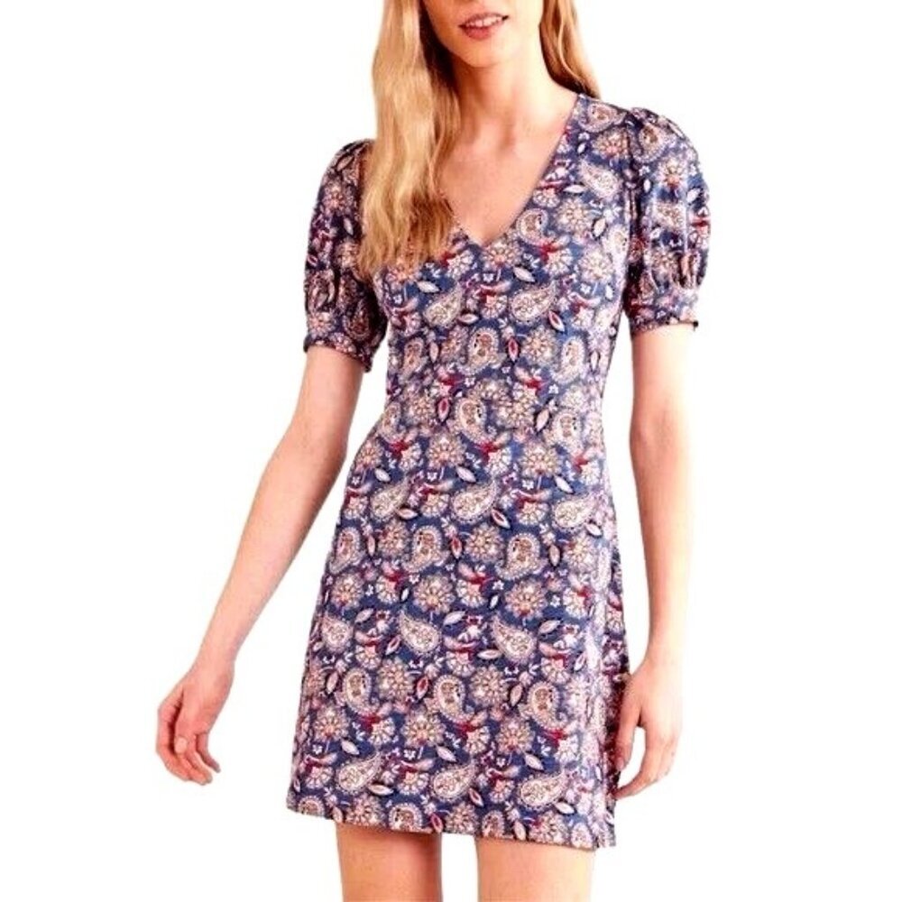 NWT BODEN V Neck Puff Sleeve Paisley Jersey Mini Dress‎ Cotton D0555 Size 12L - Picture 5 of 16
